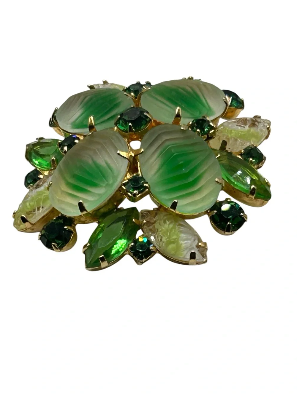 Vintage Green Molded Art Glass Rhinestone Brooch
